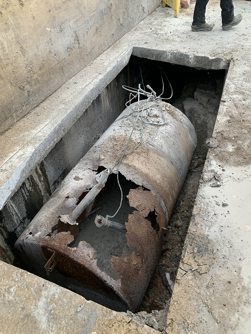 The underground fuel storage tank that was found to be the initial source of contamination of the water treatment plant. (Image courtesy of WSP Canada Inc.)
