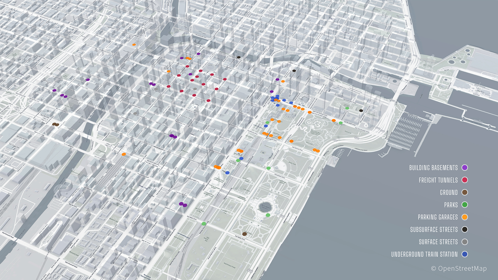 Temperature sensors were placed all around the Chicago Loop, including in basements, tunnels, parks, parking garages, underground train stations, and streets to measure ground temperatures. (Image courtesy of Alessandro Rotta Loria) 