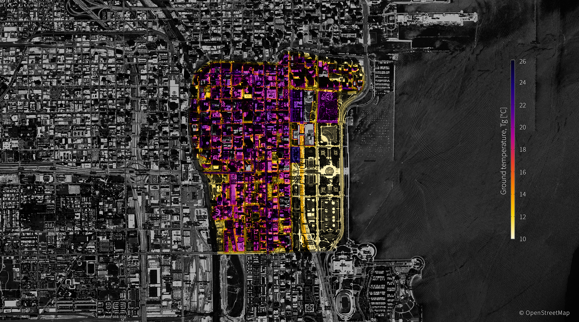 Underground ground temperatures (in Celsius) within the Chicago Loop, measured by Alessandro Rotta Loria and his team for Nature’s Communication Engineering study. (Image courtesy of Alessandro Rotta Loria)