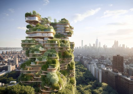 Image shows a multistory building with many terraces. The terraces have shrubbery on them.