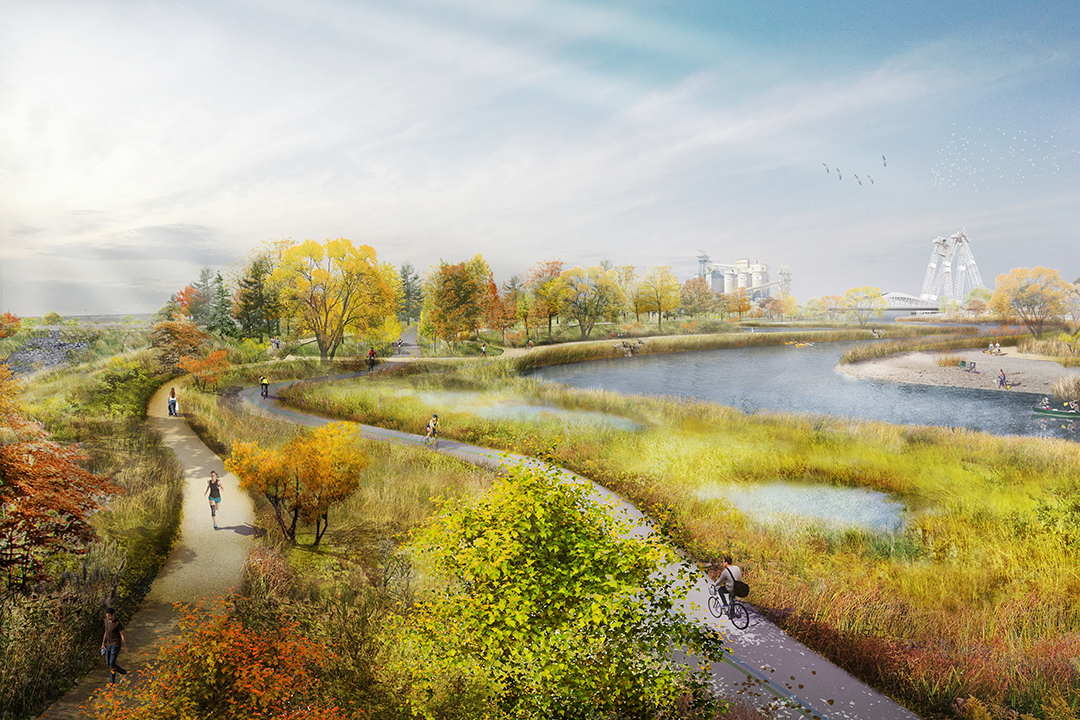 This rendering depicts the finished River Valley Park South. (Image courtesy of Waterfront Toronto) 