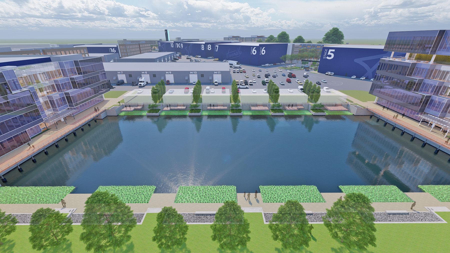 The rendering shows a rectangular stormwater pond surrounded by studio buildings. 