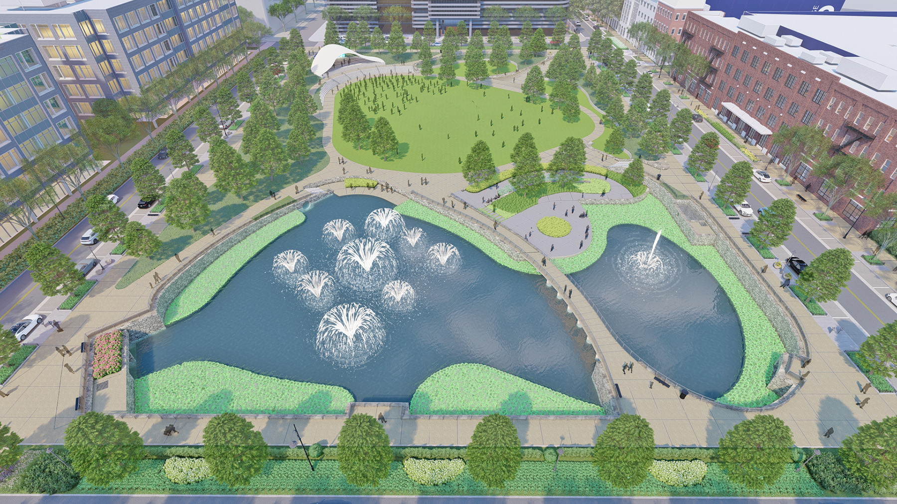 The rendering shows the more organically shaped stormwater pond, with fountains in the public areas. 