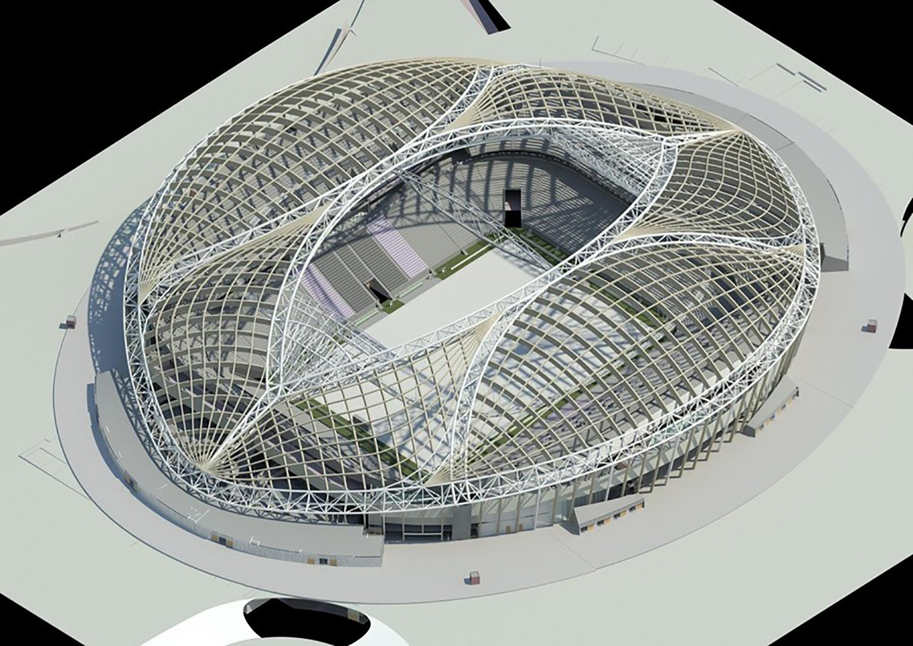 The rendering shows a structural model of the Al Janoub Stadium. 