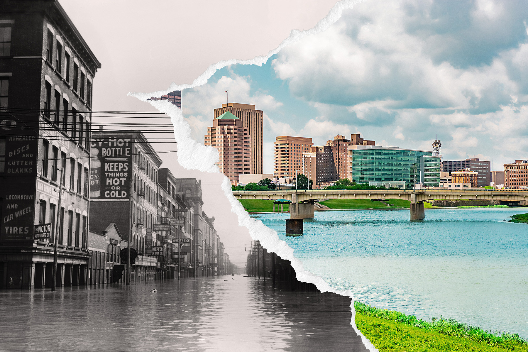 Two images are shown: a black and white photo of a flooded street and a color photo of a portion of a river in the foreground with a bridge and buildings in the background. 