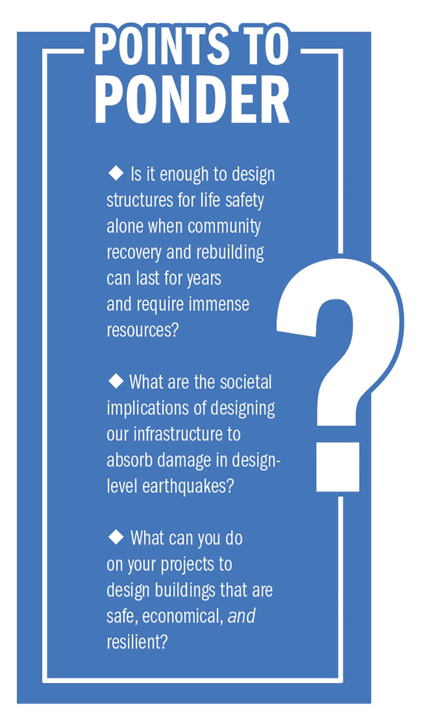 Image shows white writing in a blue box with questions asking how engineers should integrate resilience into their structural designs. 