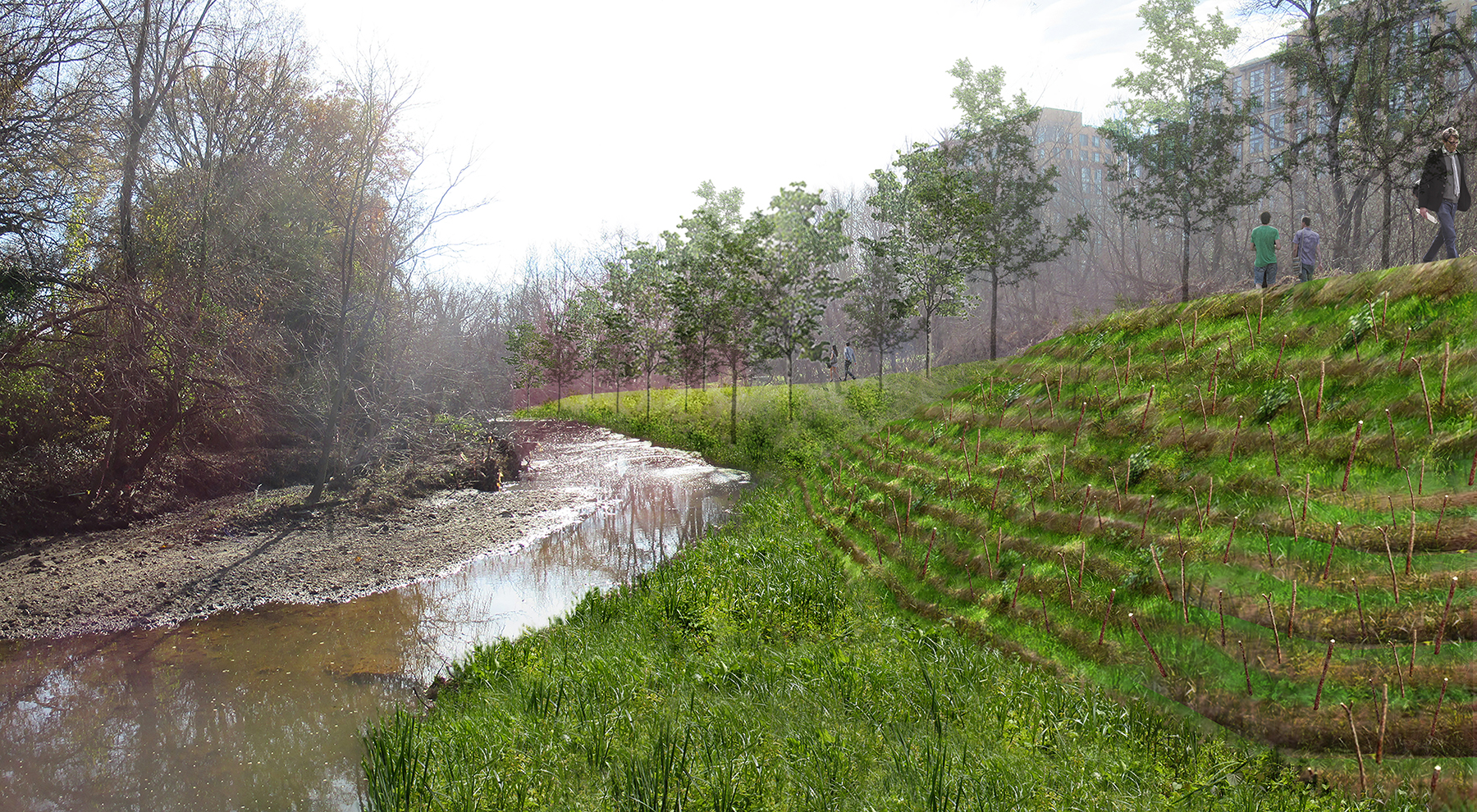 Two outfalls empty into the Hooffs Run stream. An open cut pipeline will shunt both overflow sites to the treatment plant, while native plants and habitat will complete a riparian buffer that further protects the stream water quality. (Rendering courtesy of AlexRenew)
