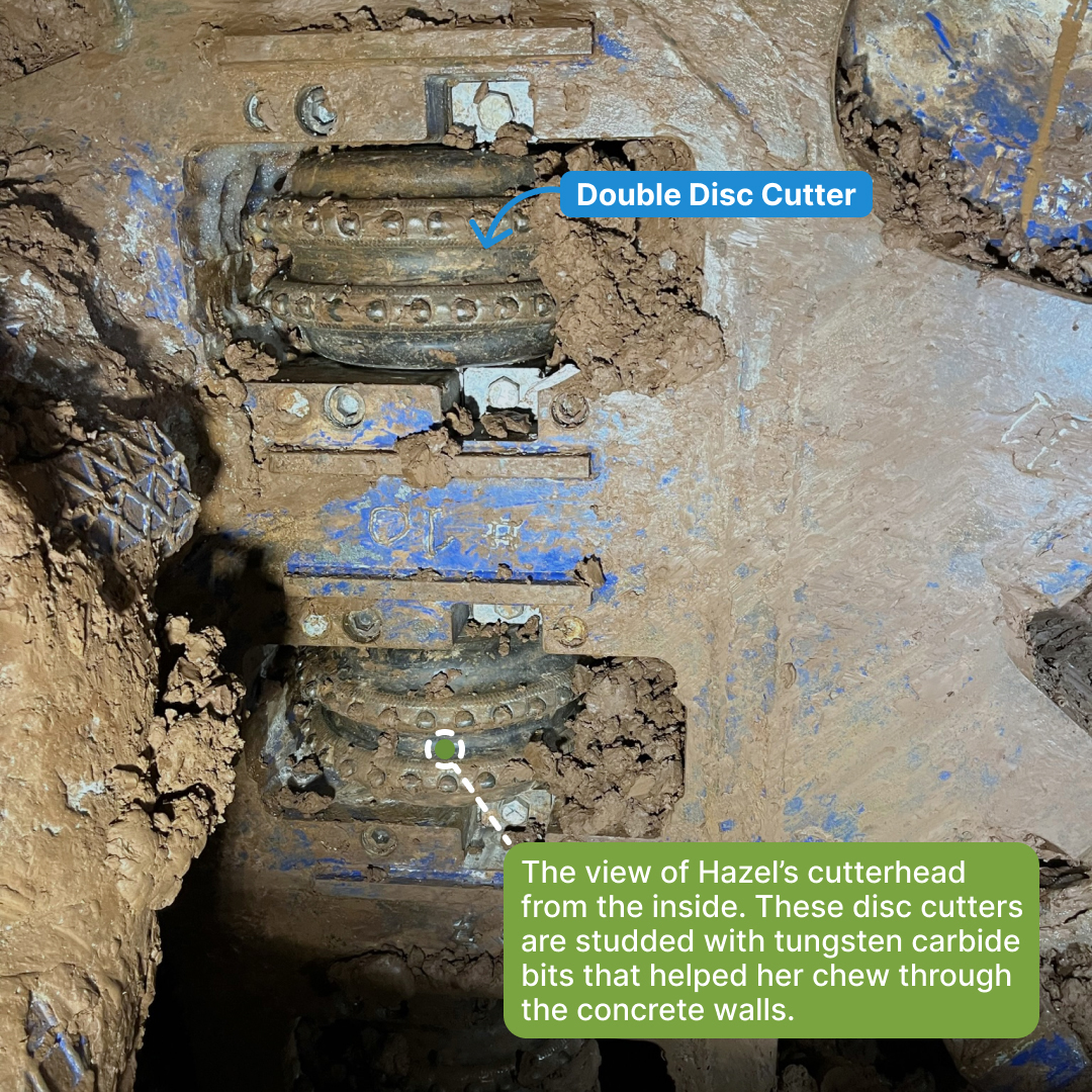 Modifications to a cutterhead like tungsten carbide inserts and hard facing are more expensive, but they make the blades more durable and let the TBM dig farther between replacements. (Image courtesy of AlexRenew)