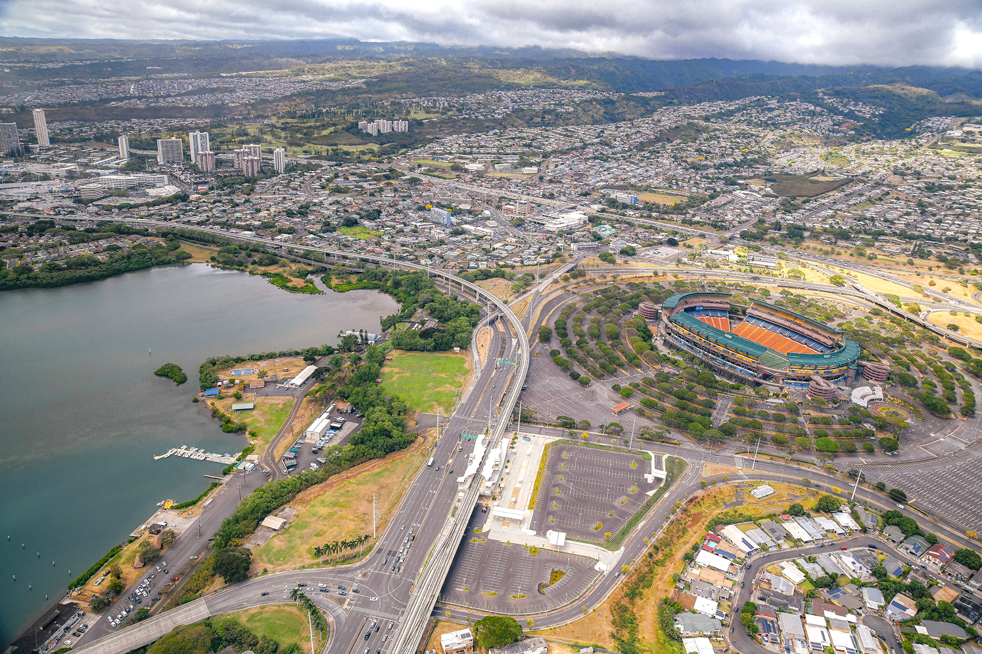 The Skyline route typically follows existing roadway rights of way. Shown here is the Halawa/Aloha Stadium. (Image courtesy of HART)
