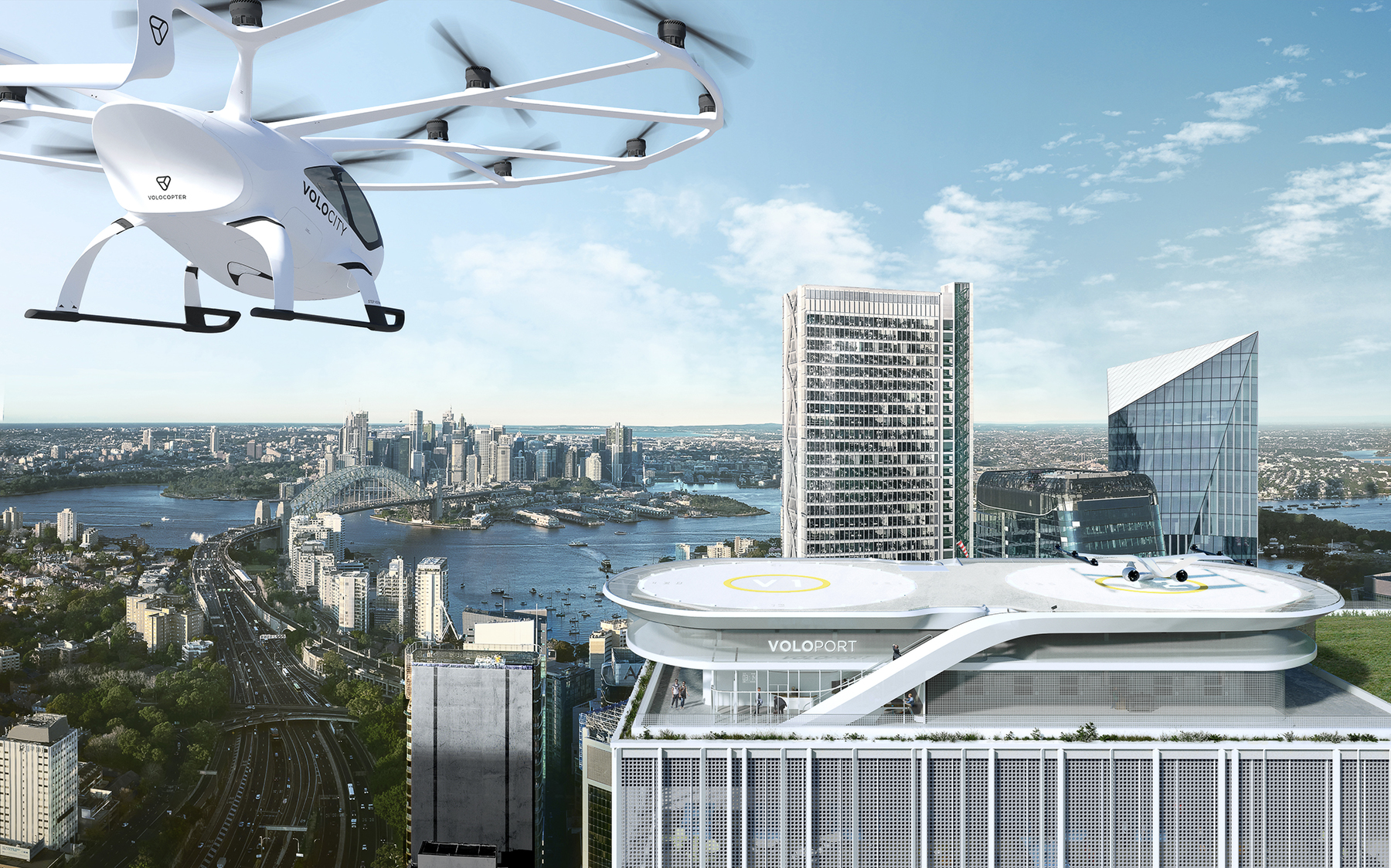 Many eVTOL manufacturers have prepared their own vertiport designs — like this cost-efficient, modular, and flexible platform that can placed on the top of urban high-rises. (Image courtesy of Volocopter) 
