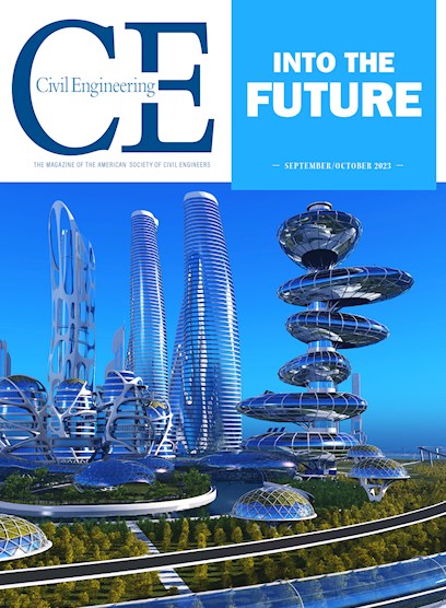 Futuristic city showing high-rise buildings of various shapes with a roadway encircling the cityscape.