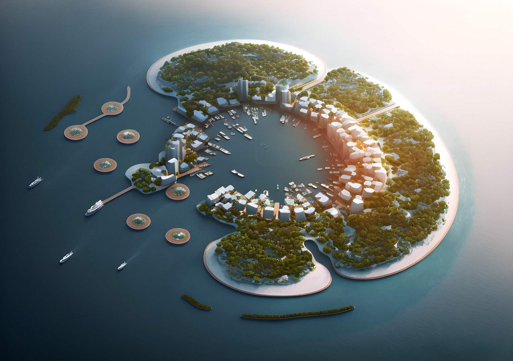 A futuristic city floats on water.