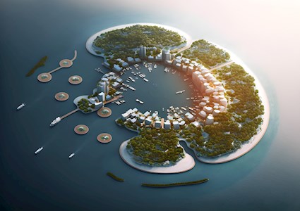 A futuristic city floats on water. 