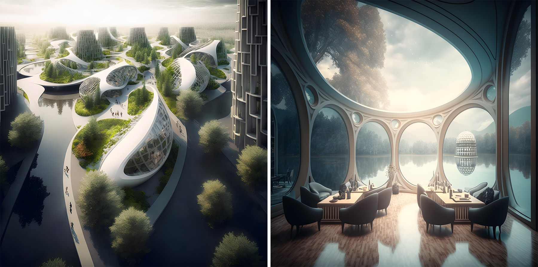 Image shows what a floating city could look like with green spaces, sidewalks, tall trees, and homes with big windows to see nature.
