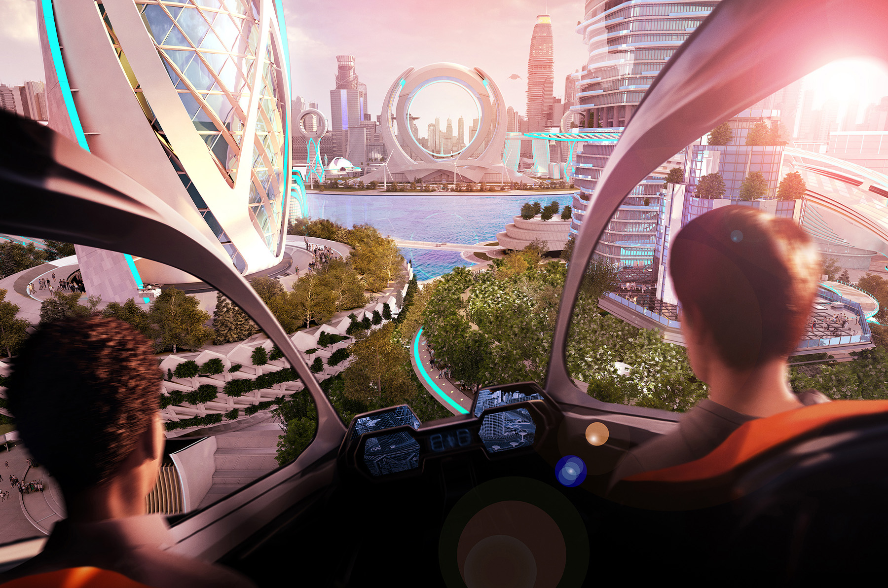 The drawing depicts two people in an air taxi flying through a futuristic skyline. 