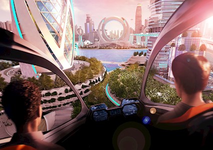 The drawing depicts two people in an air taxi flying through a futuristic skyline. 