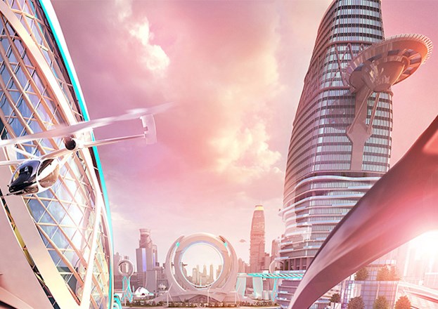 The drawing depicts two people in an air taxi flying through a futuristic skyline.