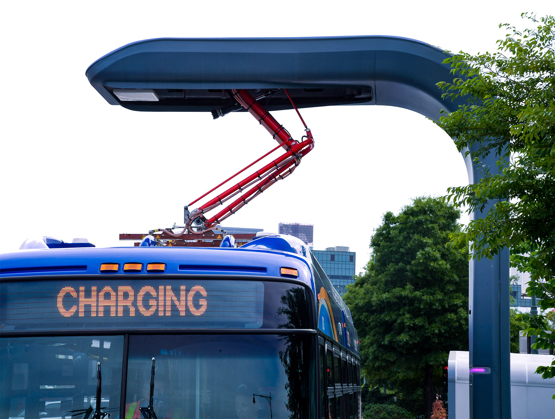 The photograph shows an electric bus being recharged by a pantograph. 