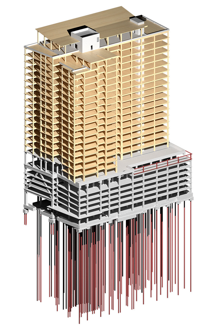 Drawing shows the foundation, parking, and residential levels of a high-rise. 