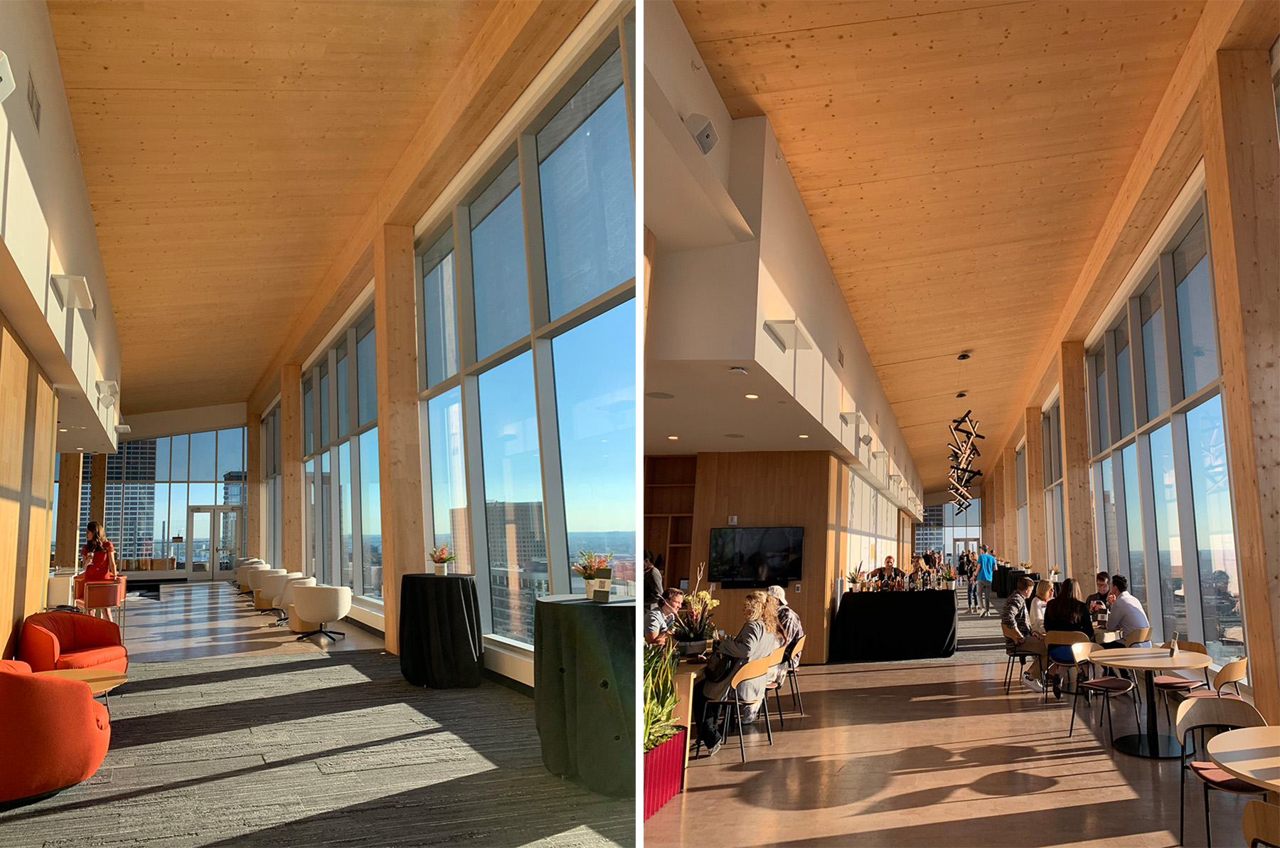 Photographs show sunlight streaming in through tall windows in a rooftop lounge. 