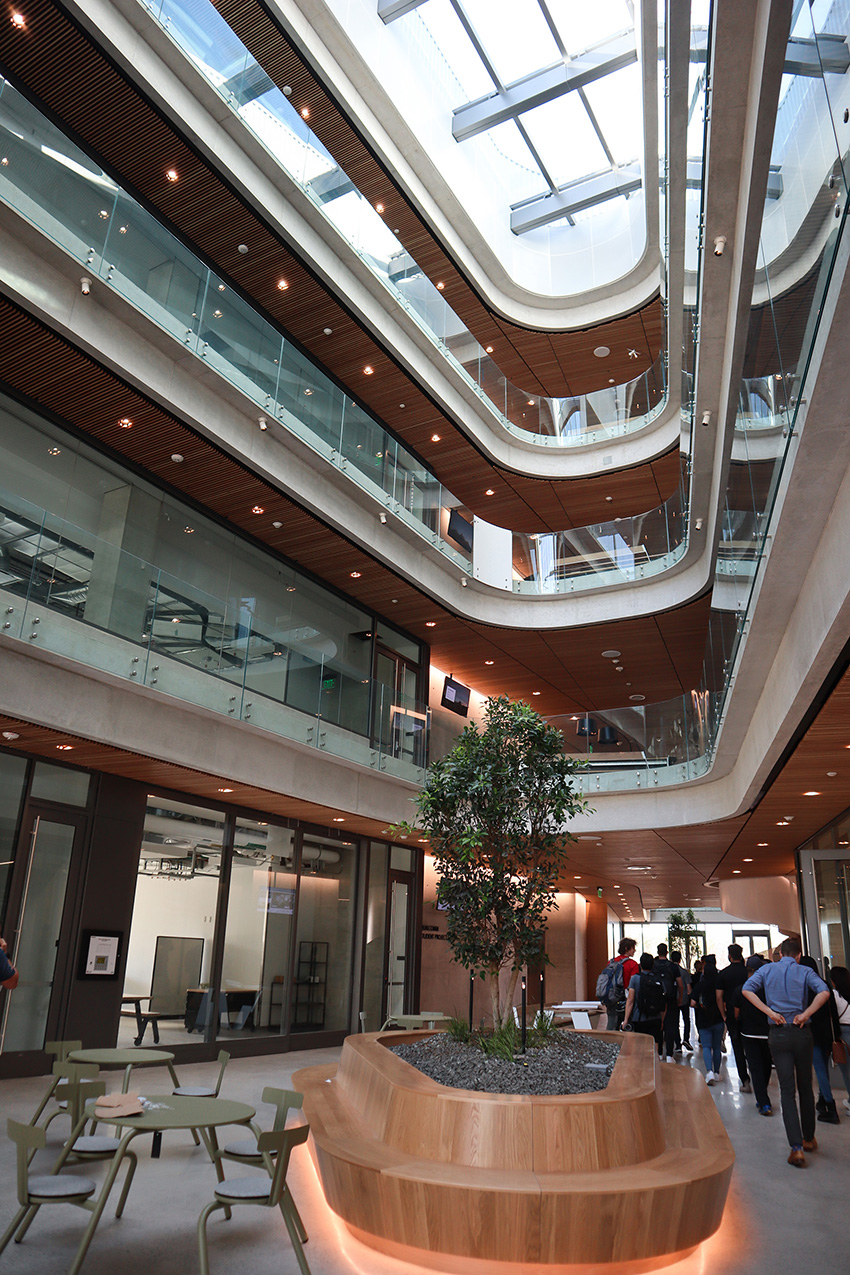 Inside of the building, in the foreground, there is a table with four chairs and a wooden planter holds a tree. In the background, there are four stories of glass walkways and classrooms. 