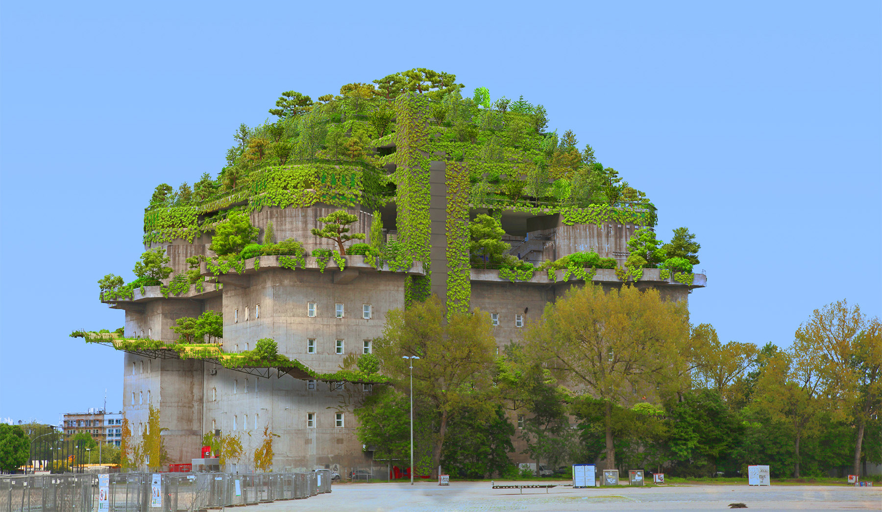 The rendering shows the concrete bunker with its new levels and vegetated exterior ramp. 