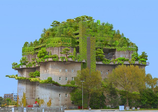 The rendering shows the concrete bunker with its new levels and vegetated exterior ramp.