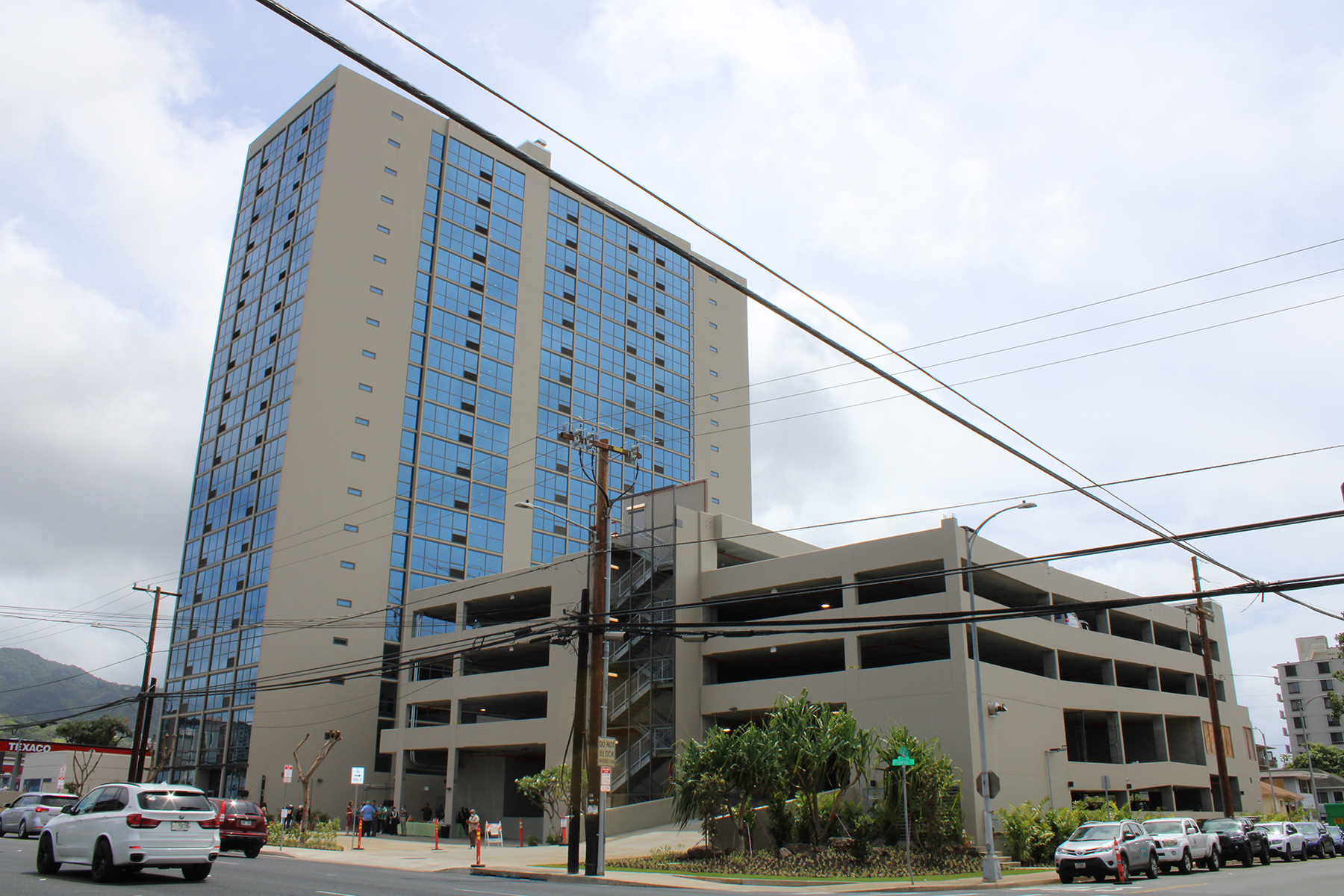 tall building with parking garage