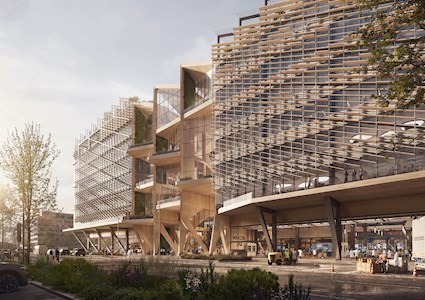 The rendering shows a multistory building with steel grillage on the facade.