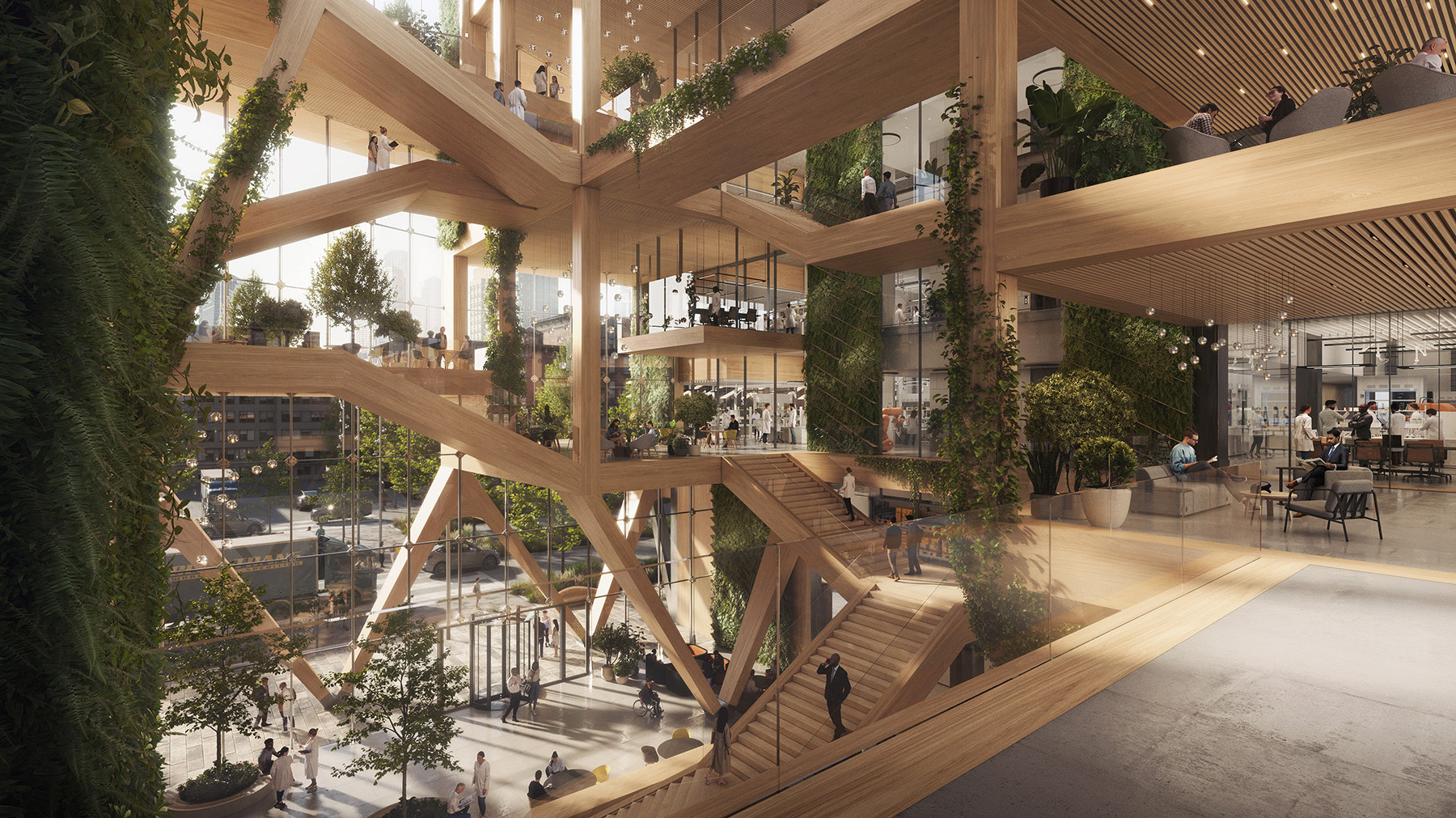 The rendering shows the interior of a multistory atrium with greenery and a monumental staircase. 