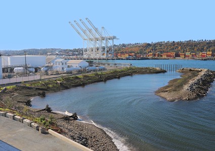 Photograph shows a body of water with industrial buildings on one side and a road on the other. In the water on the right is structure made of earth and rocks with vegetation on it. 