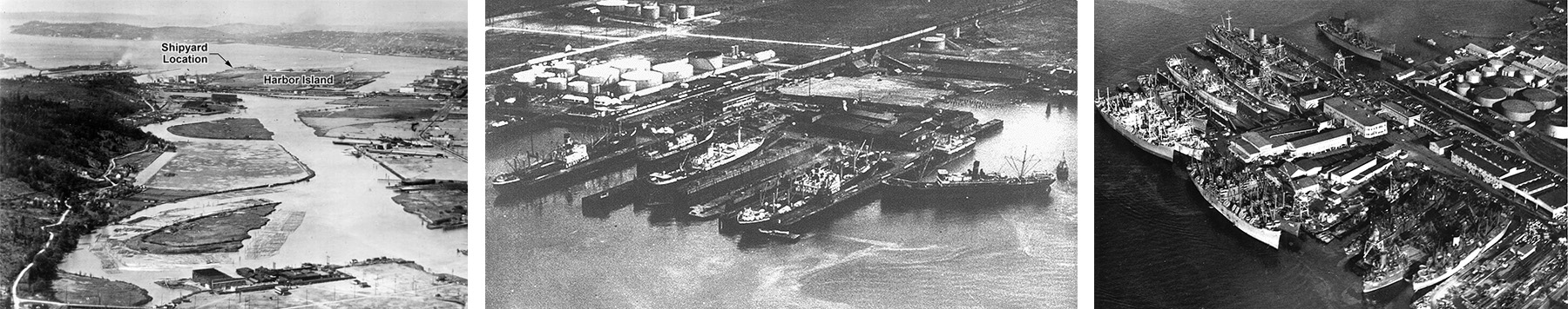 Photographs show a shipyard in 1922, 1937, and 1947. 