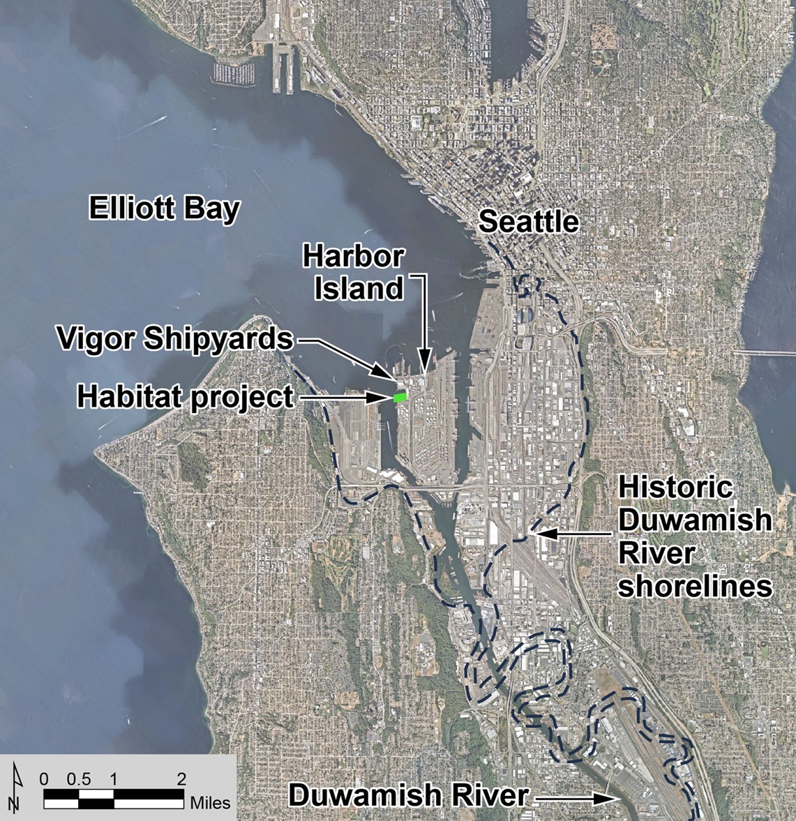 Vicinity map shows Elliot Bay, Harbor Island, and other sites near an industrial shipyard in Seattle. 