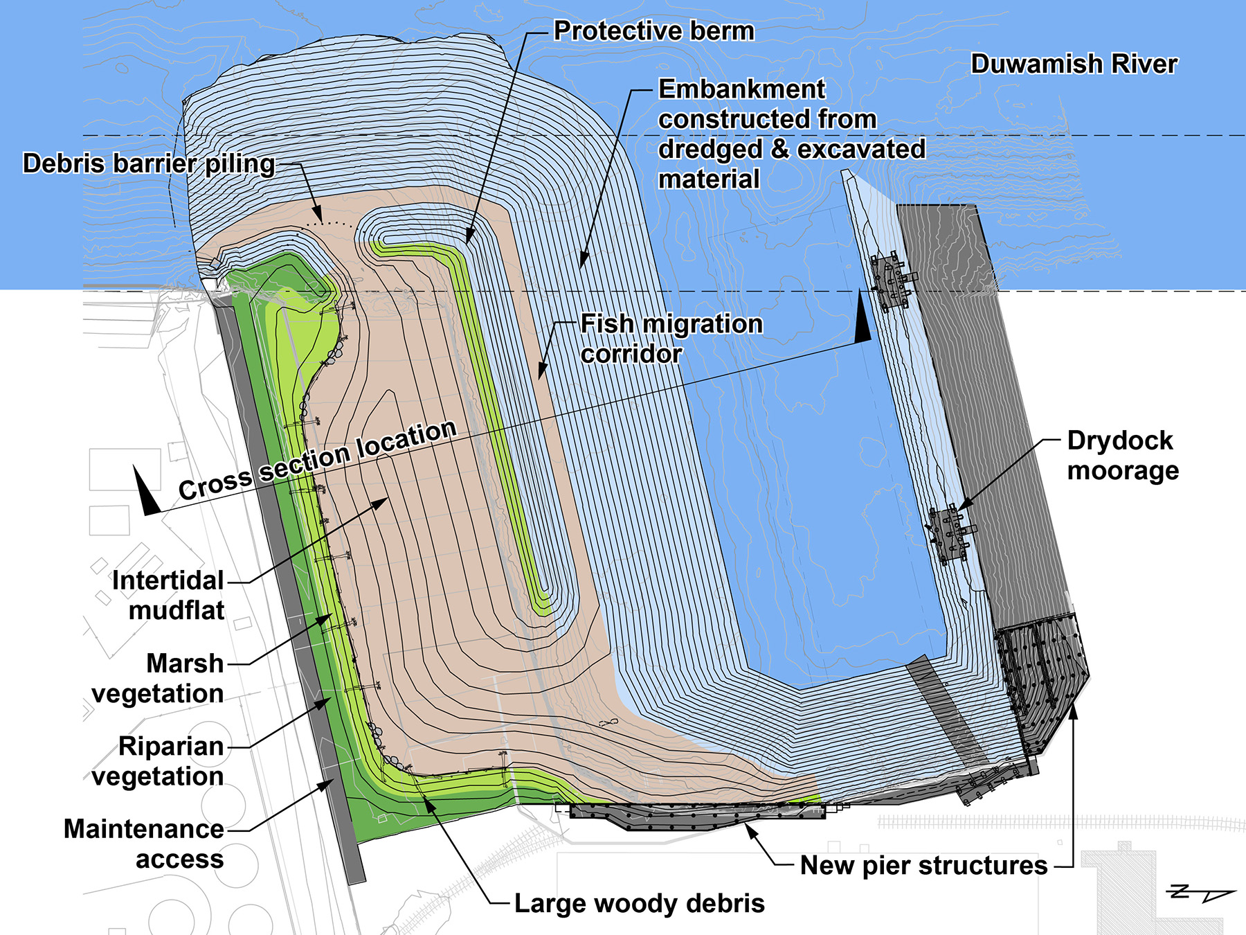 Concept plan of an aquatic habitat including intertidal mudflats, marsh and riparian vegetation, a protective berm and other features of the site. 