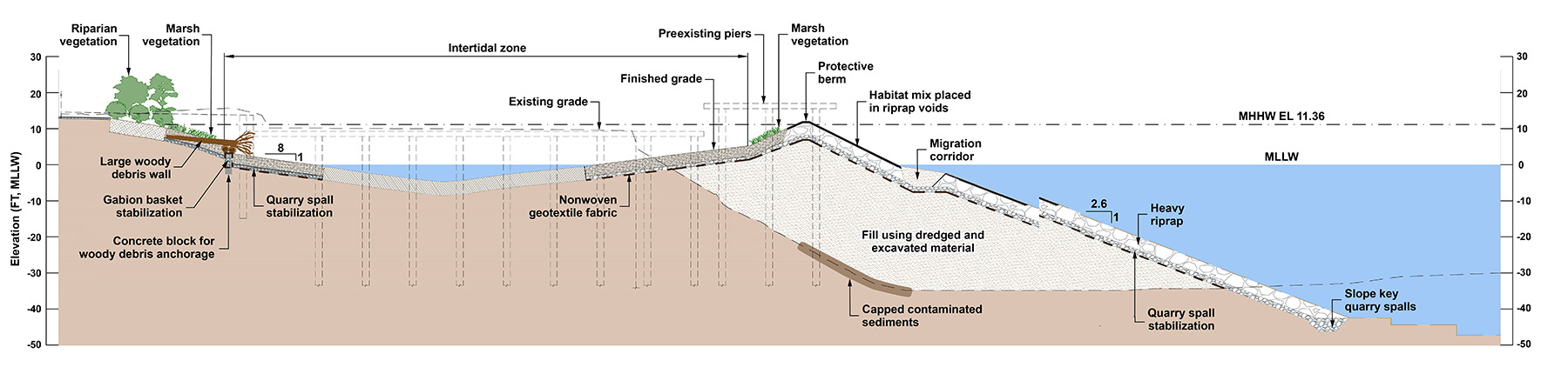 Cross section shows the various parts of an aquatic habitat including intertidal mudflats, marsh and riparian vegetation, quarry spall stabilization, the migration corridor, and other features of the site. 