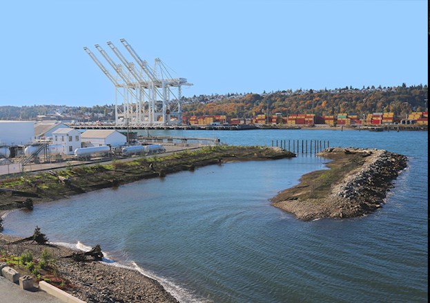 Photograph shows a body of water with industrial buildings on one side and a road on the other. In the water on the right is structure made of earth and rocks with vegetation on it.