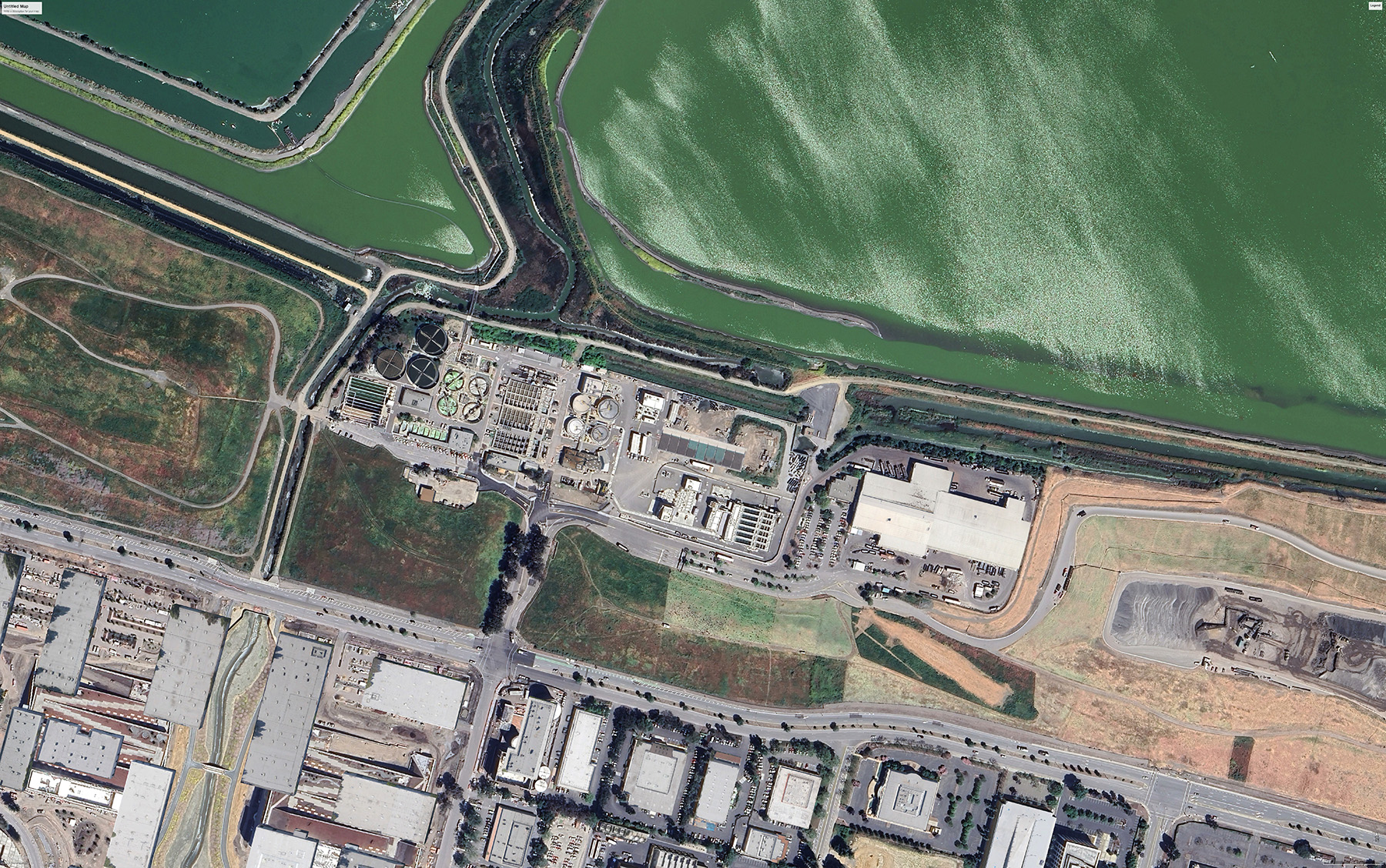 A bird’s eye view of the multibuilding wastewater treatment campus. 