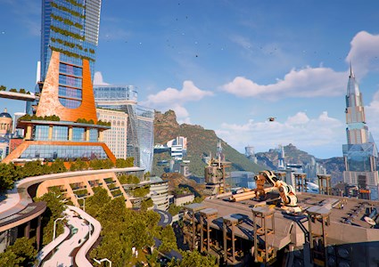 A drone flies through the skyline of a futuristic city while a 3D printer creates building materials. 