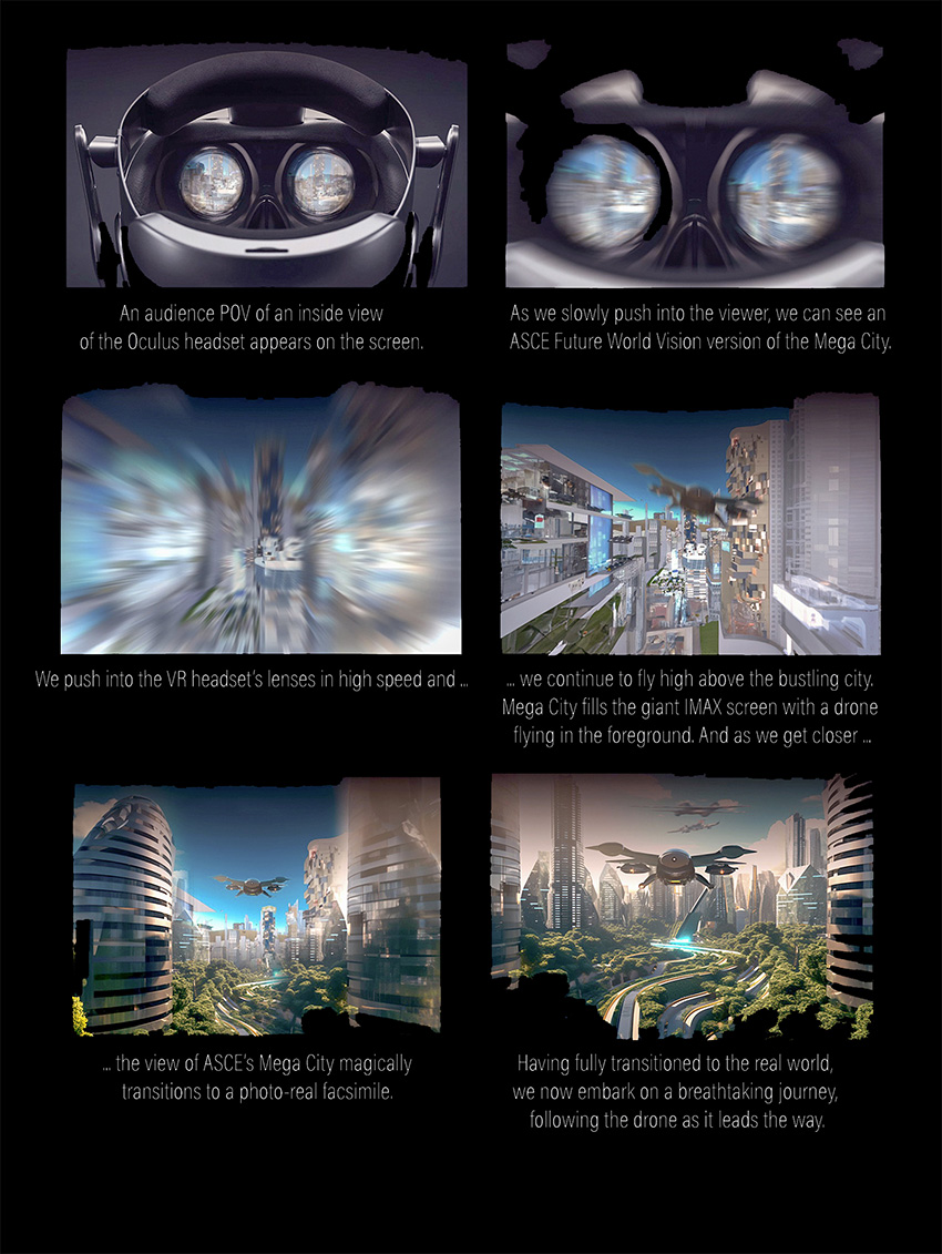 A series of images takes the viewer through a pair of virtual reality goggles into a futuristic city, following the flight of a drone. 