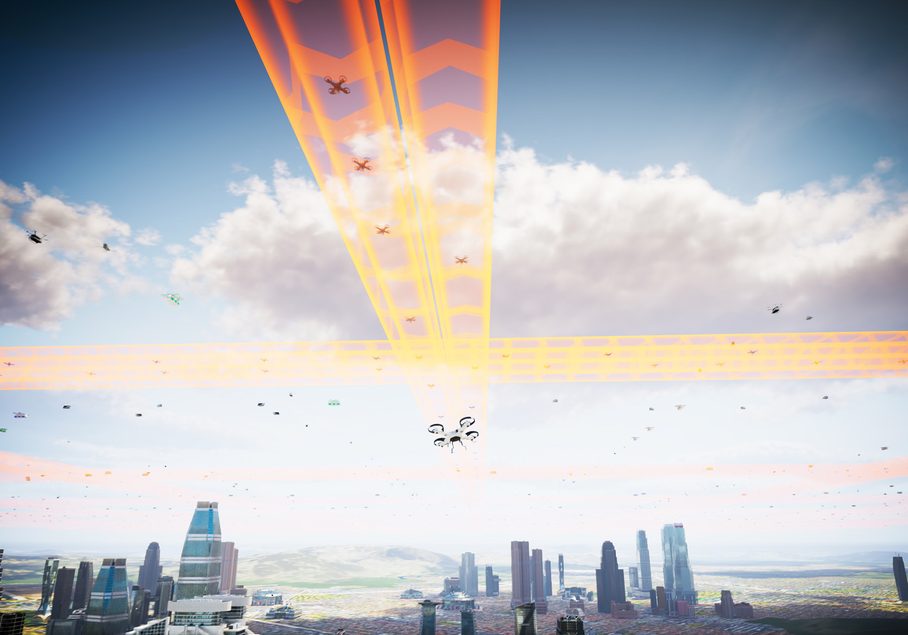 Flying drones follow a yellow aerial pathway in the sky. 