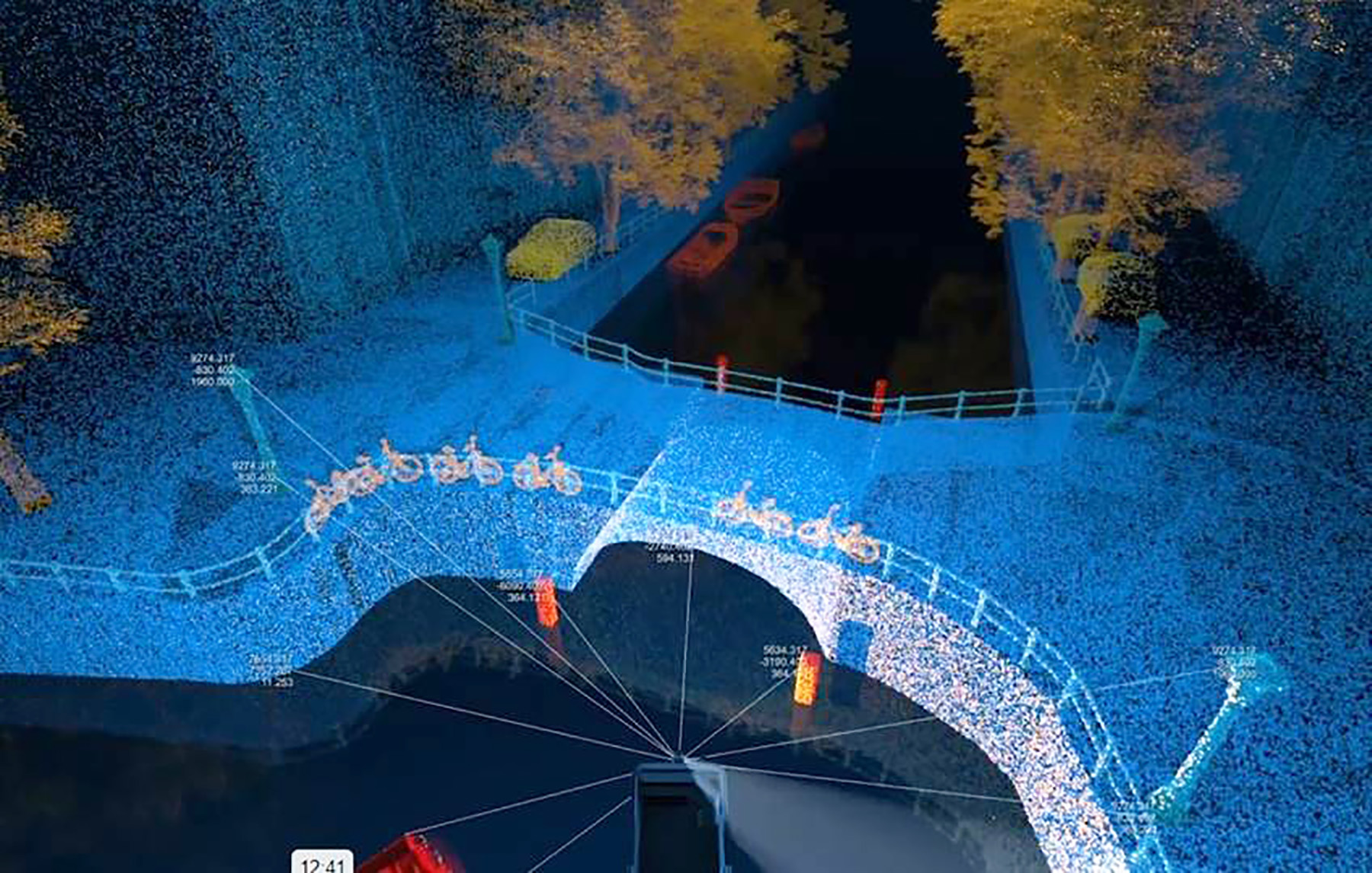A bridge in Amsterdam is depicted in blue light via lidar from an autonomous boat. 