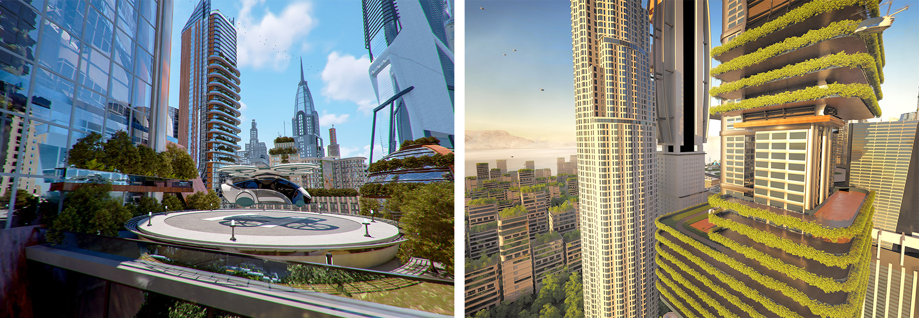 A flying taxi is shown above a landing pad on the right. The futuristic towers are covered in greenery, right. 