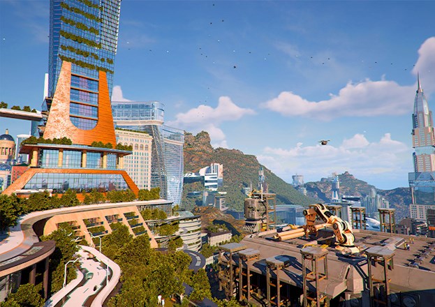A drone flies through the skyline of a futuristic city while a 3D printer creates building materials.