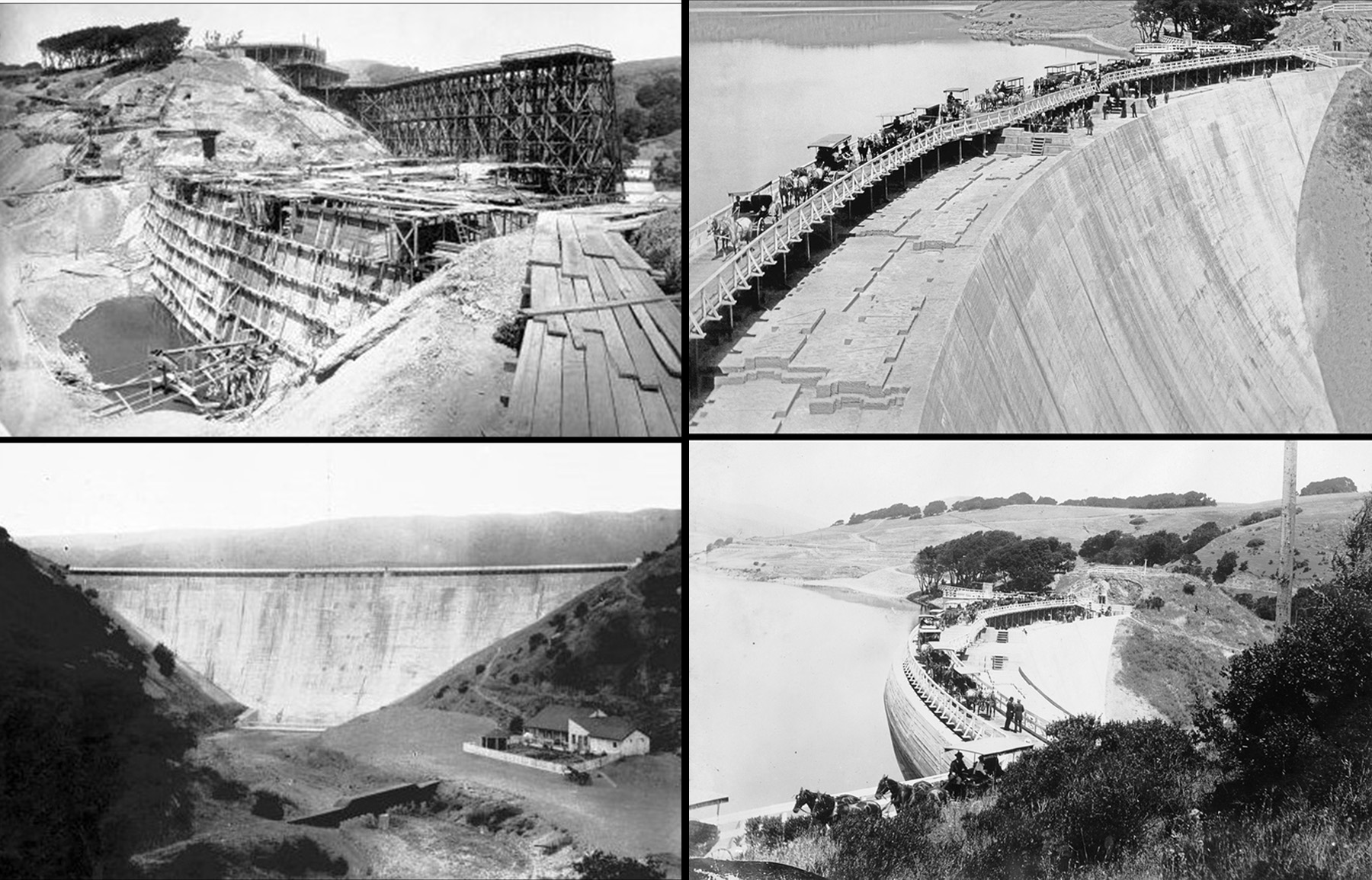 Photographs show the construction of a high concrete dam and the completed dam and carriages lined up at the top of the dam. 