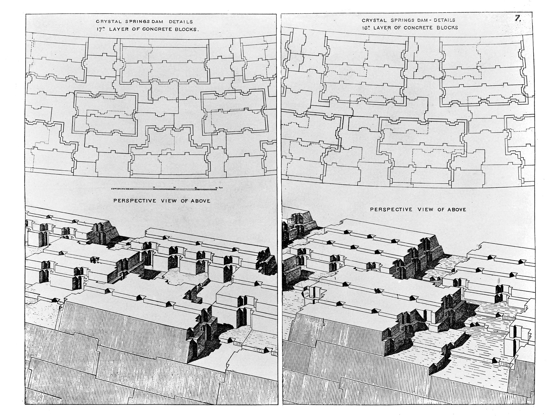 Images show a drawing of the concrete block arrangement for the Crystal Springs Dam in California. 