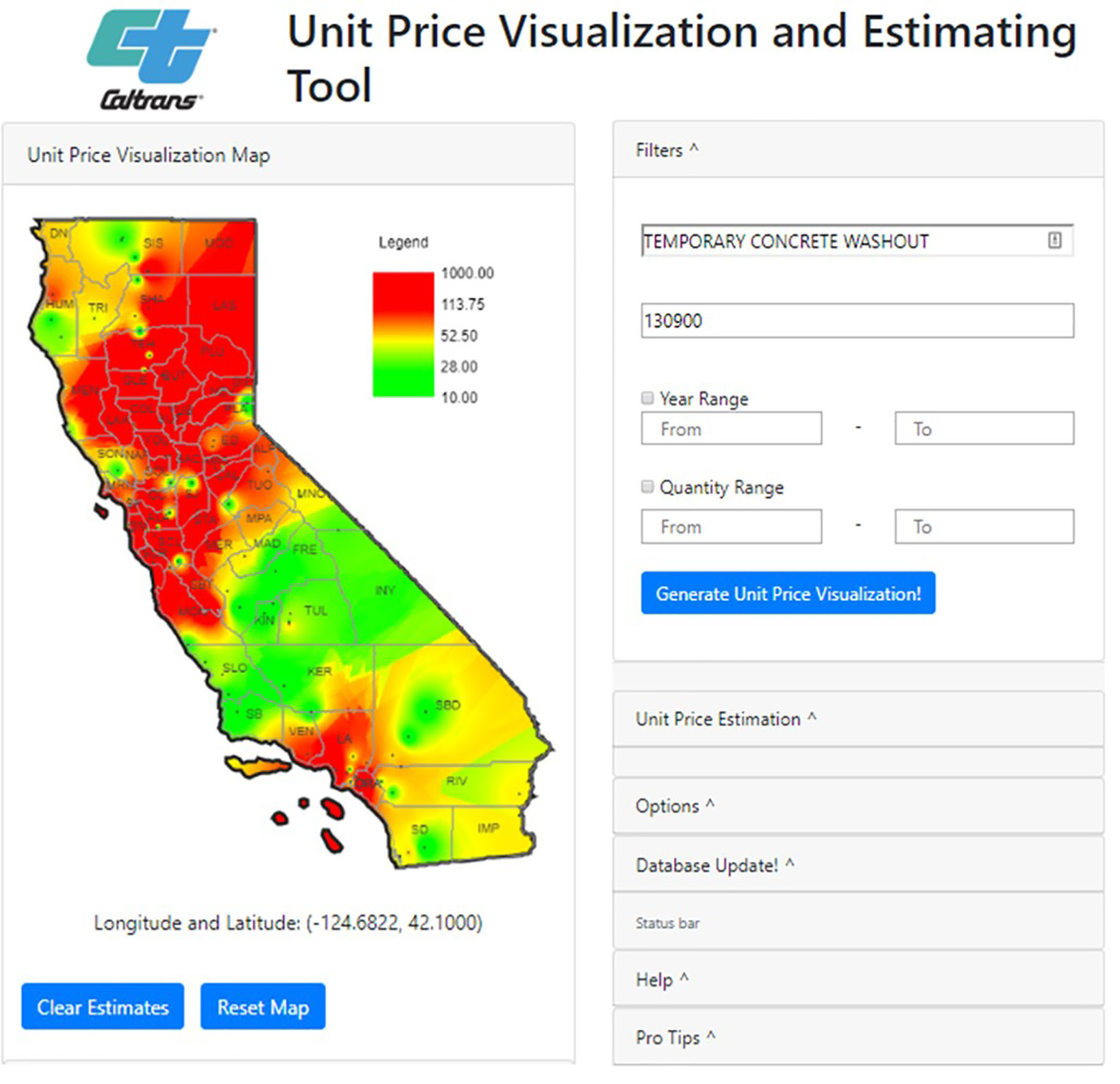 Image shows a map of California with different regions in different colors. There is also a form to input numbers. 