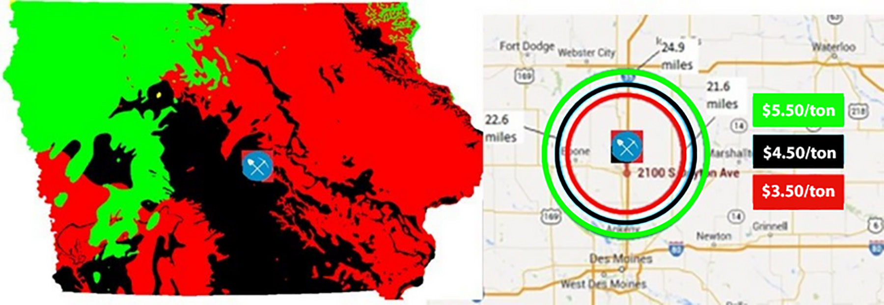 Figure shows a map of Iowa with different regions in different colors. On the right is another map showing pricing the polished stone value for different regions of Iowa. 