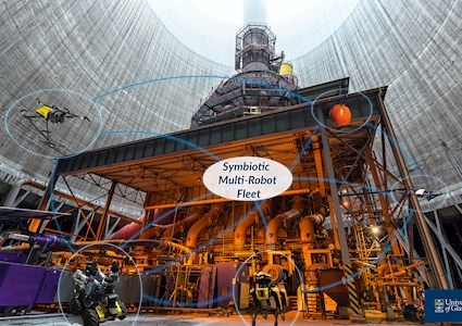 Image shows a fleet of robots in an industrial environment.