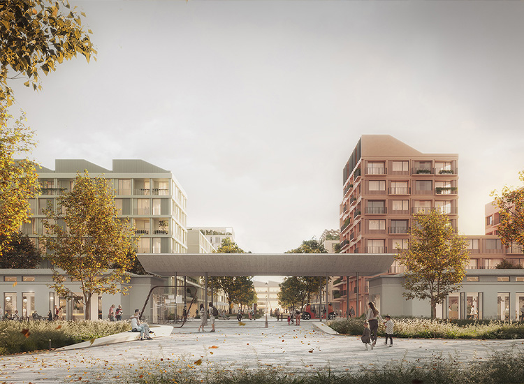 Image shows a future city with buildings and parks.