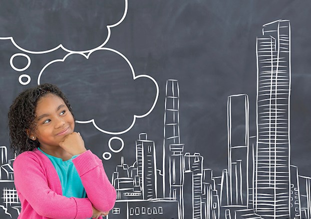 Little girl in turquoise shirt and pink sweater stares off into the distance. She is standing in front of a chalkboard like background that has buildings of various sizes on it.